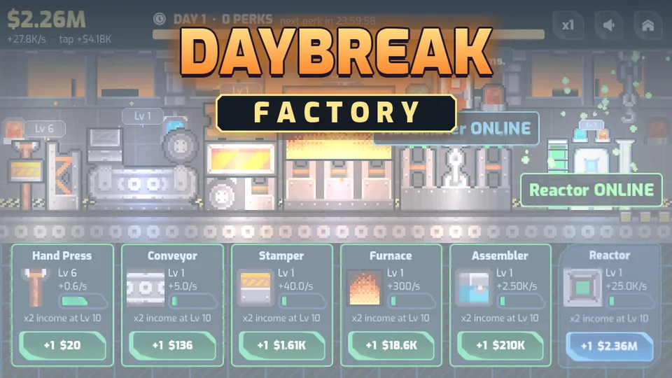 Daybreak Factory title card: the logo over the pixel-art factory hall, with the six machine shop cards along the bottom