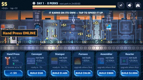 Early game at $5 with the banner IT EARNS ON ITS OWN — TAP TO SPEED IT UP: the Hand Press is lit and labelled ONLINE while bays 2 to 6 stand as blueprint wireframes, and the six shop cards below carry build prices from $120 to $2.00M.