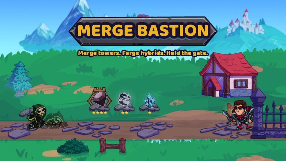 Merge Bastion title card: the logo on a stone ribbon over a green valley, three element towers on plinths above the road, and the knight at the gate on the right