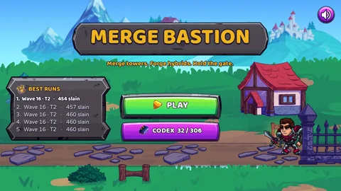 The title screen: the Merge Bastion logo on a stone ribbon over a green
                    valley under the line Merge towers, forge hybrids, hold the gate, with a
                    BEST RUNS list topped by Wave 16 at Threat 2 and buttons for PLAY and CODEX