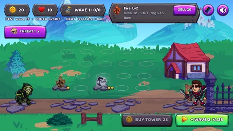Wave 1 at 0 of 8 with the first hooded skeleton stepping onto the road at
                    the far left, gold down to 20, and the green button already
                    offering to send WAVE 2 in on top of it
