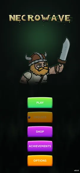 The Necrowave title screen: the logo dripping green over a dark field, Bjorn
                    holding a cleaver overhead, and PLAY, ENDLESS, SHOP, ACHIEVEMENTS and OPTIONS
                    buttons stacked below him
