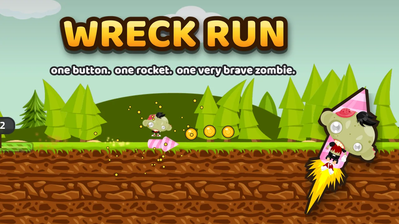 Wreck Run title card: the logo over a green hillside with the line one button, one rocket, one very brave zombie, and a grinning zombie riding a pink firework rocket in from the right.