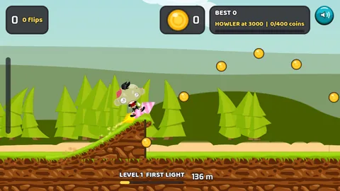 The rocket climbing a short grass ramp at 136 metres with a curve of coins arcing away above and to the right.