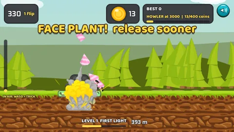A yellow and grey explosion at 393 metres with pink rocket chunks thrown into the air under the banner FACE PLANT! release sooner.